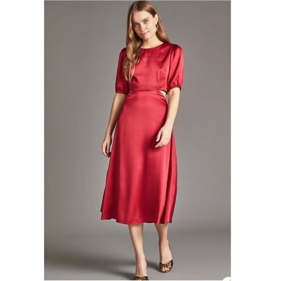 Anthropologie Dresses & Skirts - ANTHROPOLOGIE  RED SATIN CUT OUT MIDI DRESS